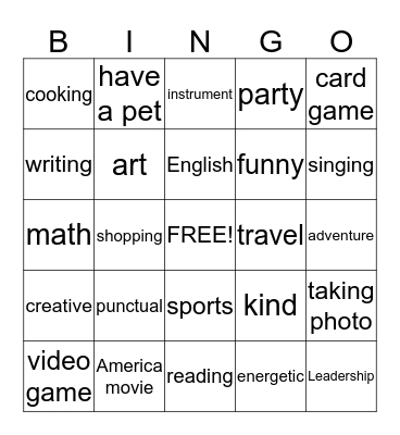 people interests bingo Card