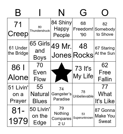 Music Bingo 90s Bingo Card