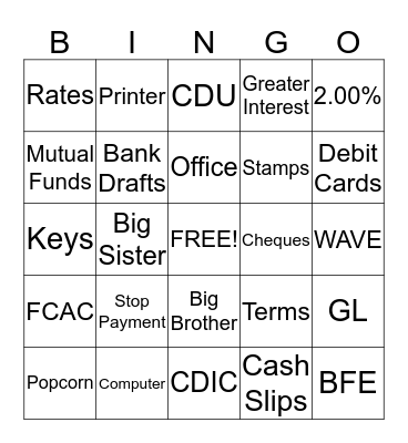 Banker's Bingo Card