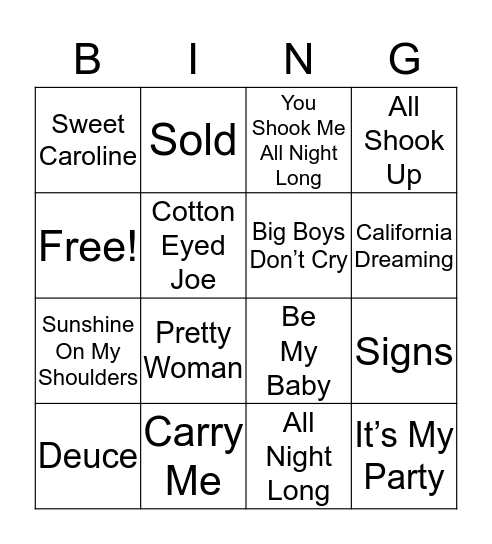 Musical Bingo Card