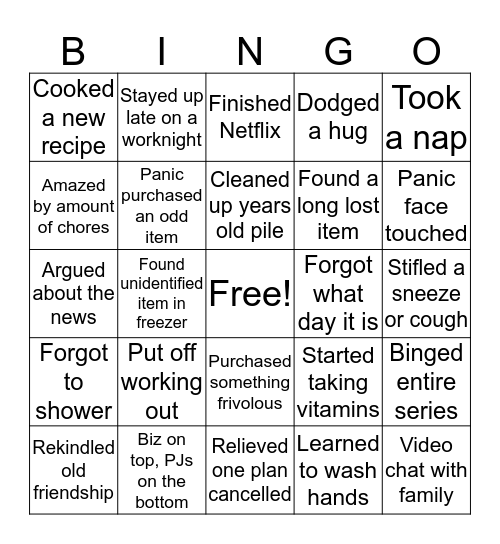 Quarantine Bingo Card