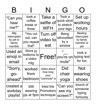 Remote Work Bingo Card