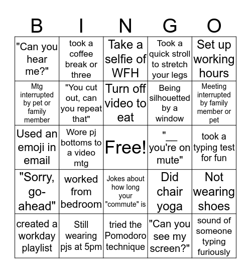 Remote Work Bingo Card