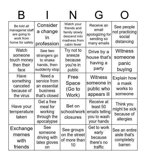 Covid-19 for Apocalyptic Workers Bingo Card