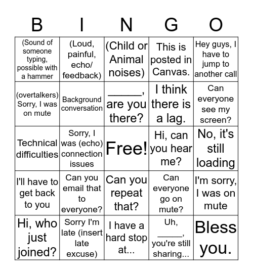 Virtual Class Bingo Card