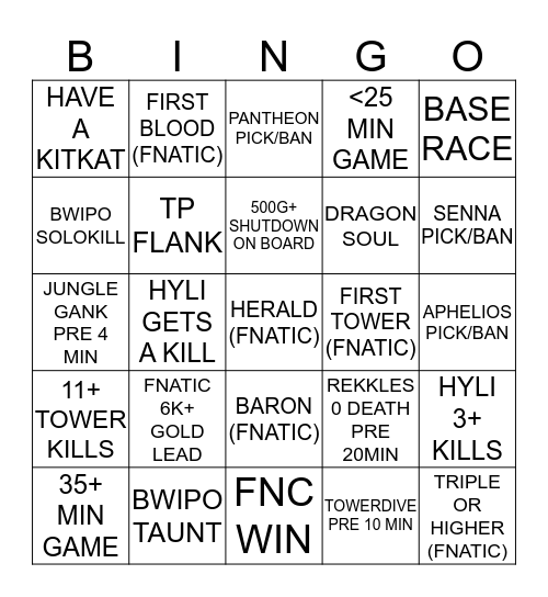 Fnc vs MAD Lions Bingo Card