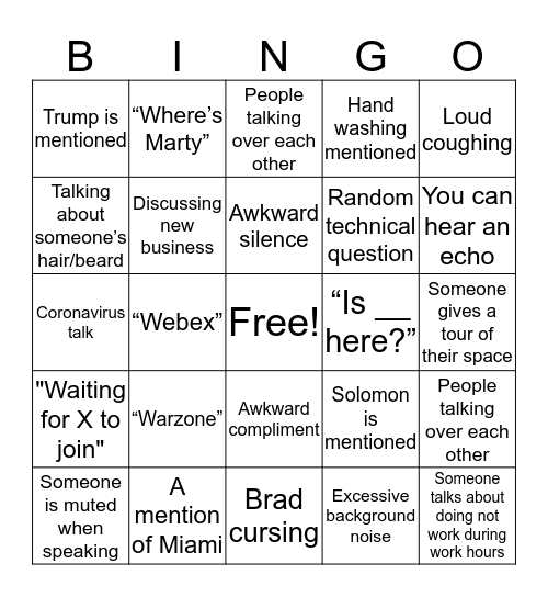 Russo Video Call Bingo Card