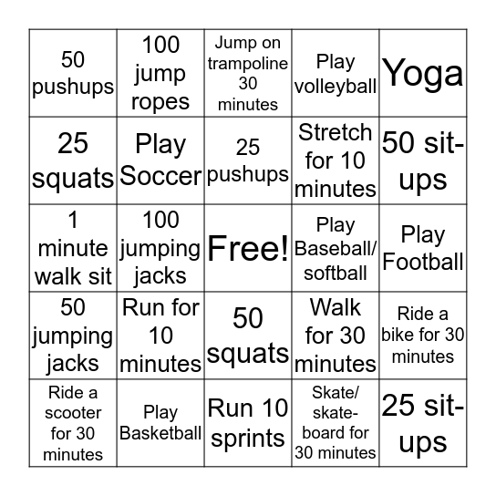 Exercise Bingo Card