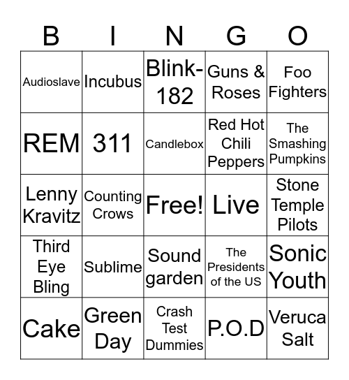 90s Rock Bingo Card