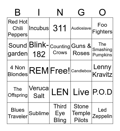 90s Rock Bingo Card