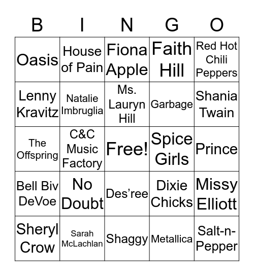 90s Music Bingo Card