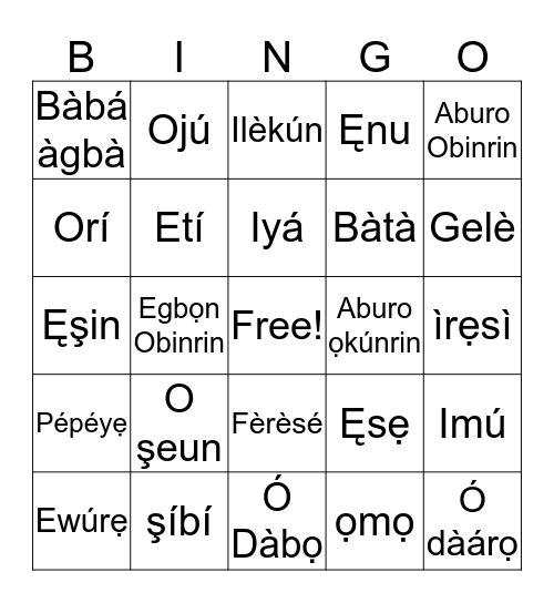 Yoruba Bingo Card