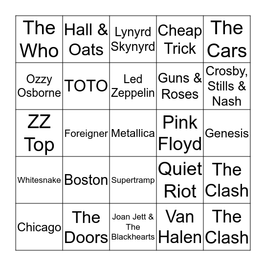 Classic Rock Bingo Card