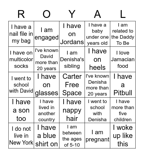 Denisha's Baby Shower Person Hunt Bingo Card