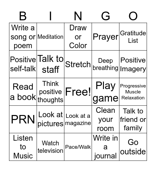 Coping Skills Bingo Card