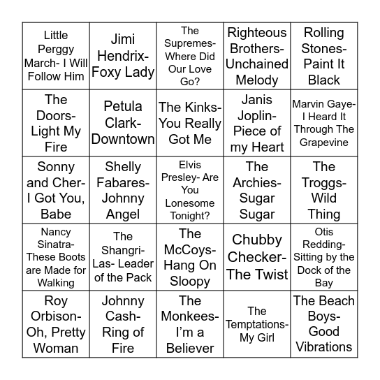Total-Quiz.com Presents Radio Bingo: 1960's Music Bingo Card
