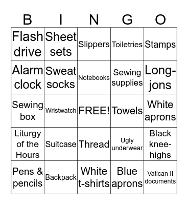 A Postulant's Packing List Bingo Card