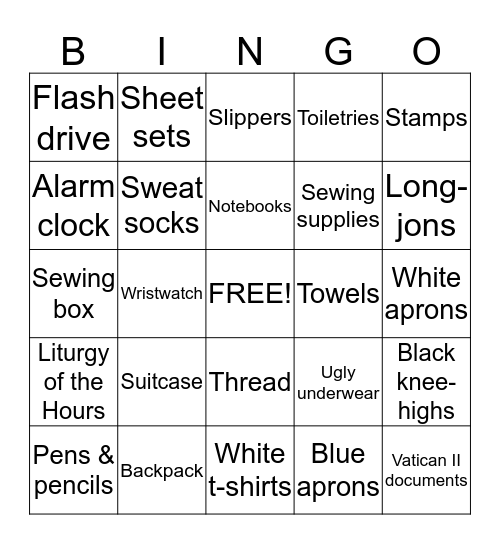 A Postulant's Packing List Bingo Card
