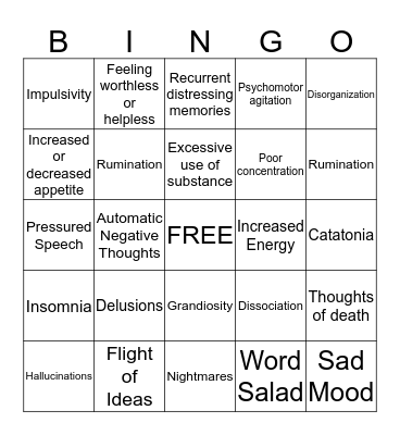 Mental Health Symptoms Bingo Card
