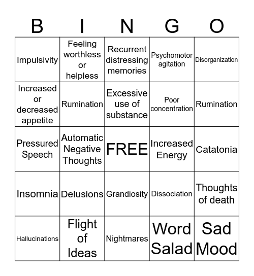 Mental Health Symptoms Bingo Card
