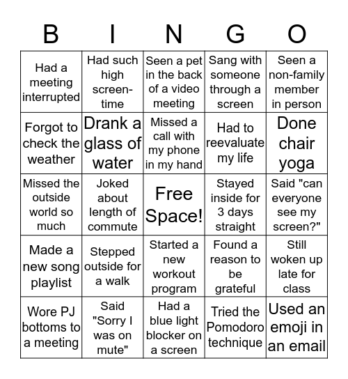Never Have I Ever -- Quarantine Style Bingo Card