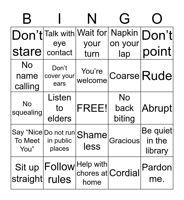 MIND YOUR MANNERS Bingo Card