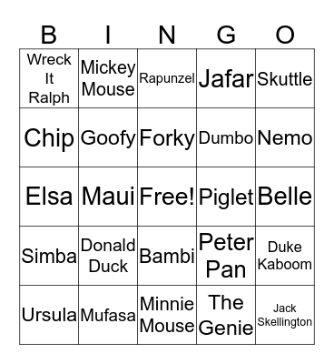 Disney Character Bingo Card