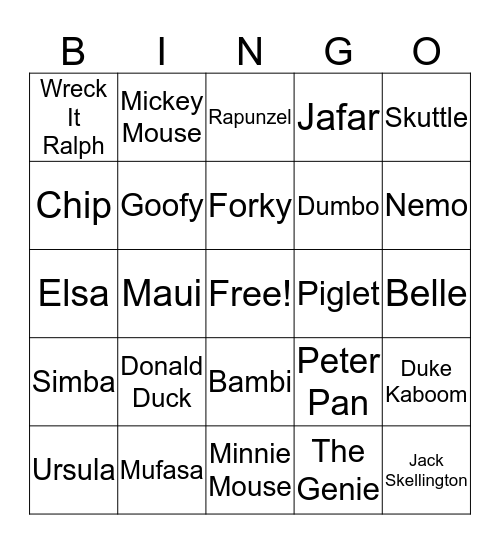 Disney Character Bingo Card