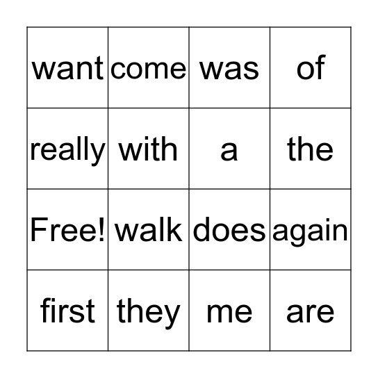 Sight Words Bingo Card