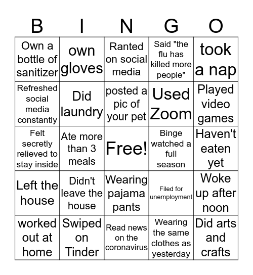 Quarantine Bingo Card