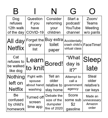 Quarantine Bingo Card