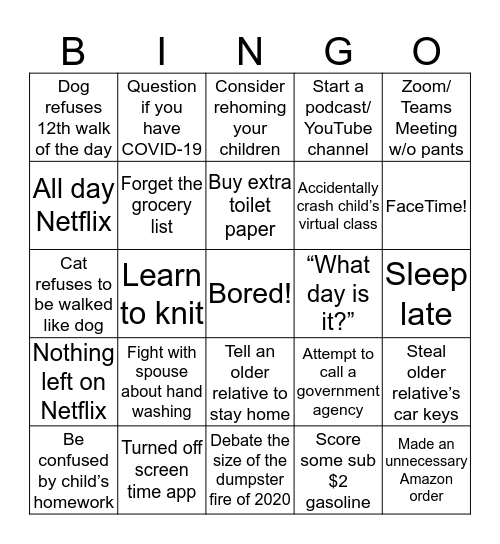 Quarantine Bingo Card