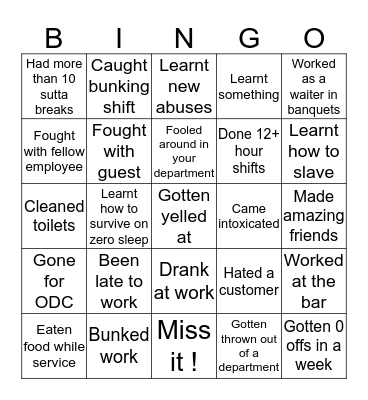 HOSPITALITY INDUSTRY INTERNSHIP BINGO! Bingo Card