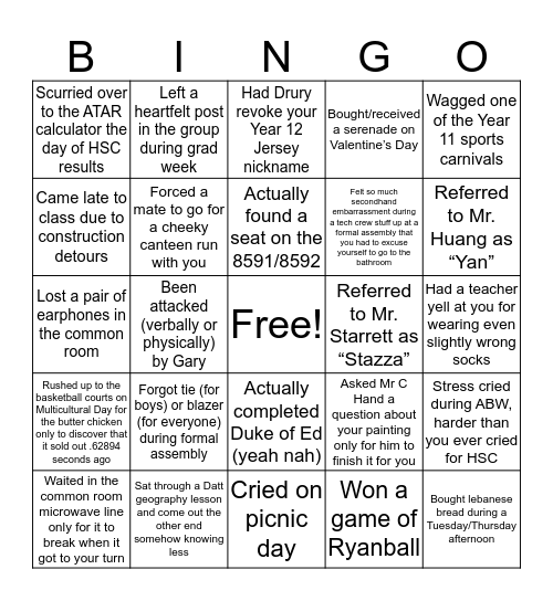 Jarween Bingo Card