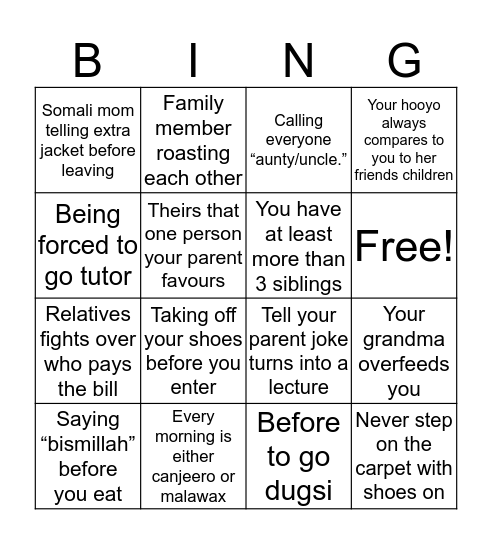 Just somali things bingo Card