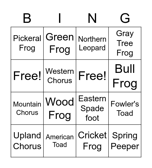 Frog/Toad Call Bing! Bingo Card