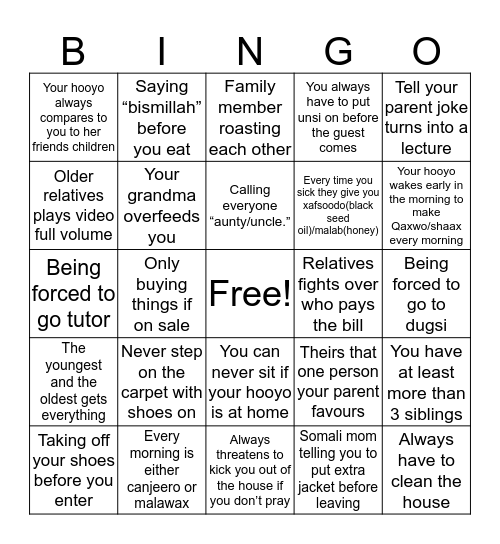 Just somali things bingo Card