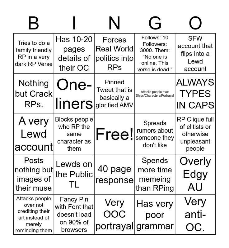 THE UNDERGROUND RP Bingo Card