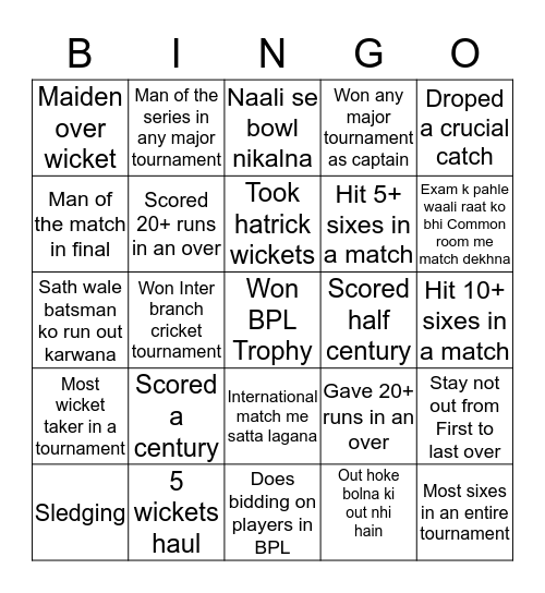 BIT ka Cricket Bingo Card