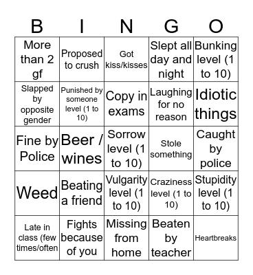 College Life Bingo Card