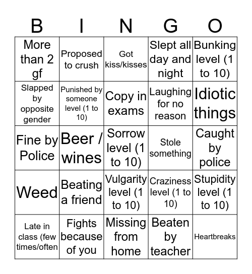 College Life Bingo Card