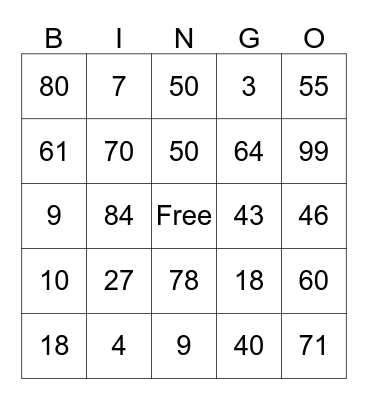 NUMBER Bingo Card
