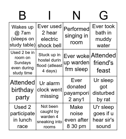 Vijayagiri hostel Vibe Bingo Card