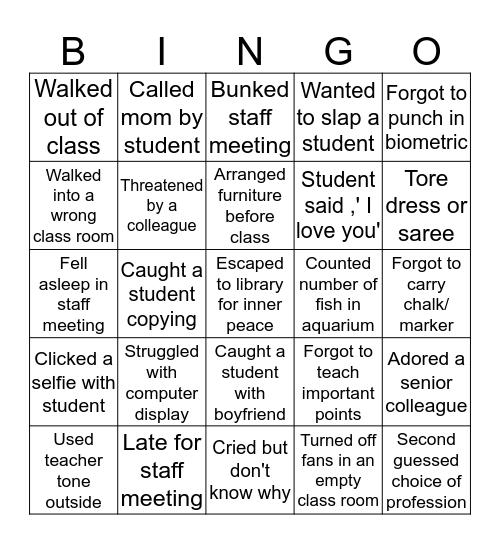 Lecturer Bingo Card