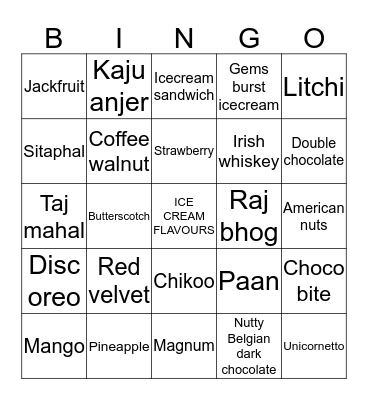 ICE CREAM FLAVOURS Bingo Card