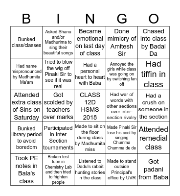Class 12-D Batch of 2018 Bingo Card
