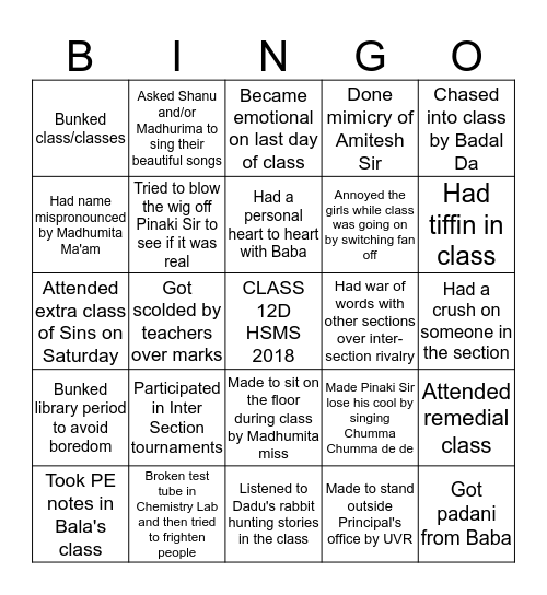 Class 12-D Batch of 2018 Bingo Card