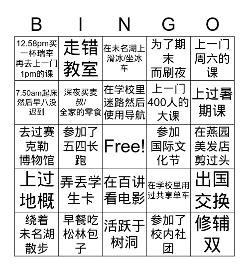 PKU Bingo Card