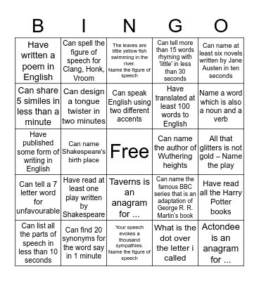 English Language & Literature Bingo Card