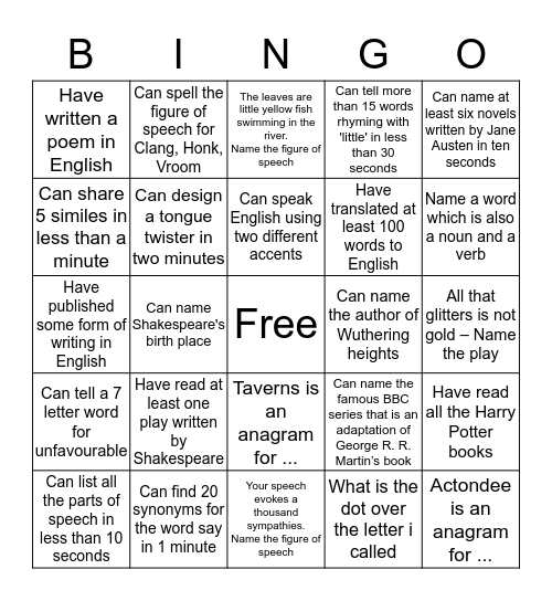 English Language & Literature Bingo Card